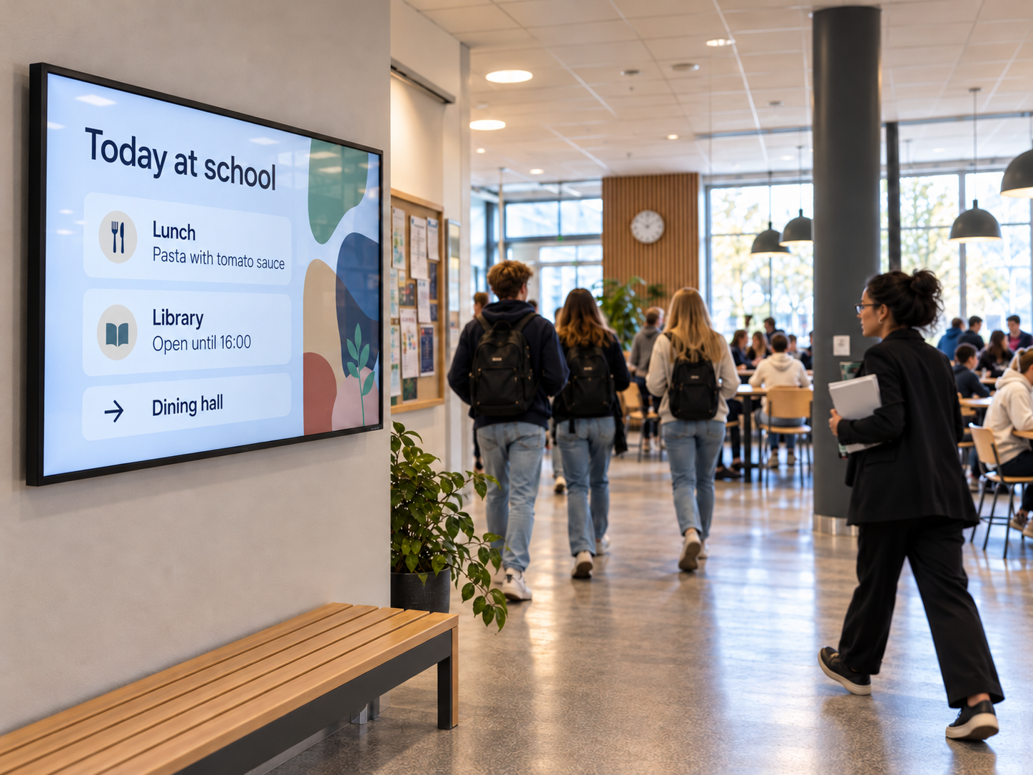 Digital school information displayed in a bright school hallway.